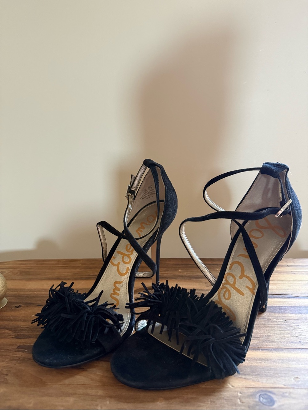 Black Fringe Suede Strappy Heels